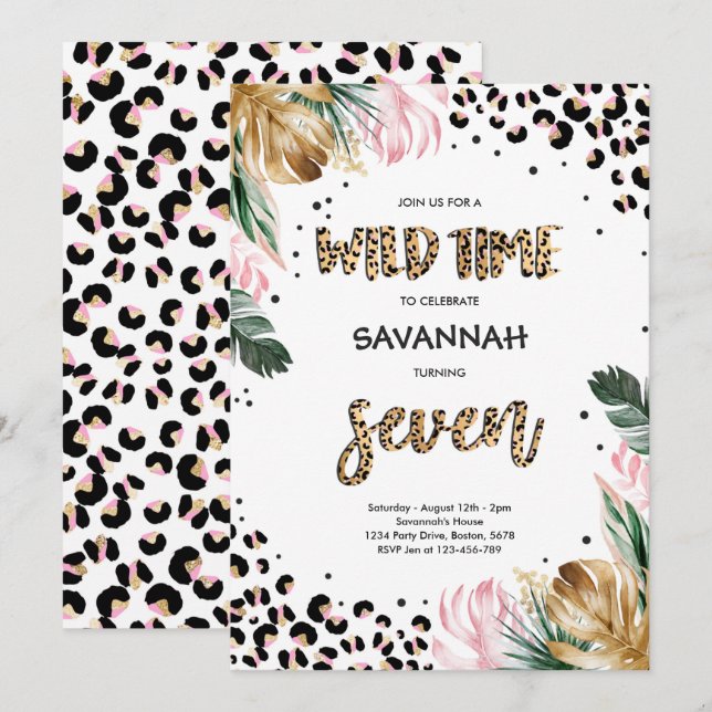 Leopard Print 7th Birthday Safari Jungle Party Invitation (Front/Back)