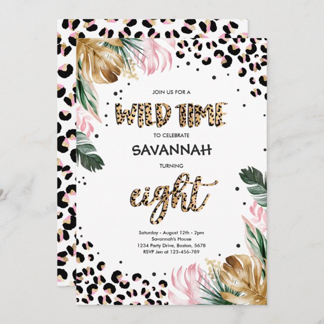 Leopard Print 8th Birthday Safari Jungle Party Invitation (Front/Back)