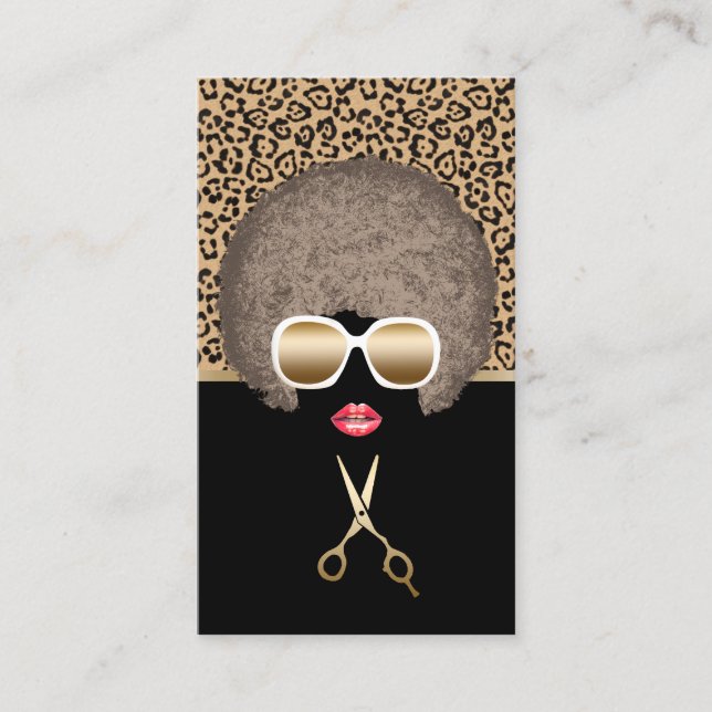 Leopard Print Afro Modern Hair & Beauty Salon Business Card (Front)