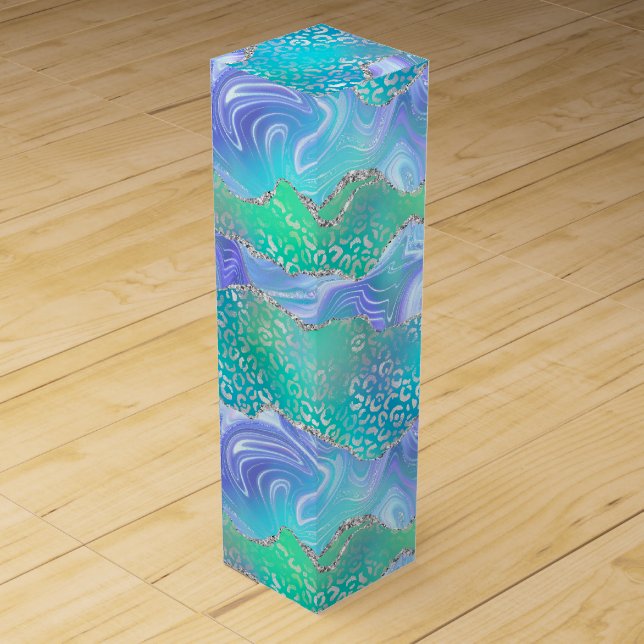Leopard Print Agate | Glam Teal Abstract Pattern Wine Box (Front)