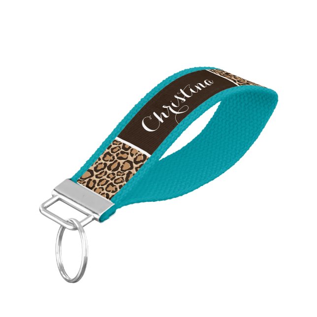 Leopard Print and Brown Monogram Wrist Keychain (Angled Down)