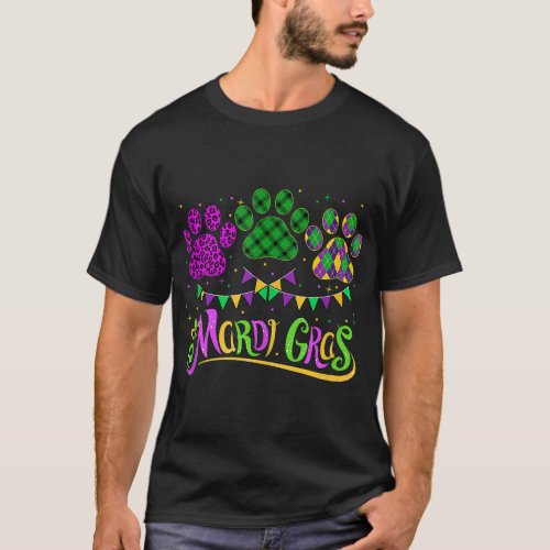 Leopard Print And Buffalo Plaid Dog Paw Mardi Gras T_Shirt