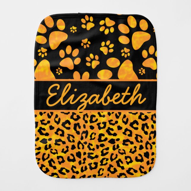 Leopard Print and Paws Orange Yellow Personalized Burp Cloth (Front)