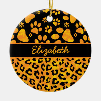 Leopard Print and Paws Orange Yellow Personalized Ceramic Ornament