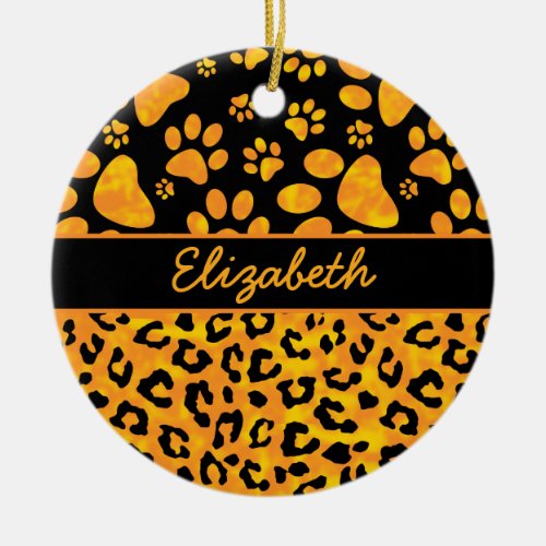 Leopard Print and Paws Orange Yellow Personalized Ceramic Ornament