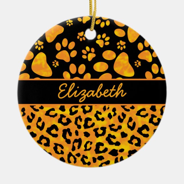 Leopard Print and Paws Orange Yellow Personalized Ceramic Ornament (Front)