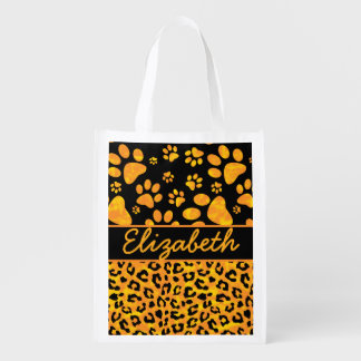 Leopard Print and Paws Orange Yellow Personalized Reusable Grocery Bag