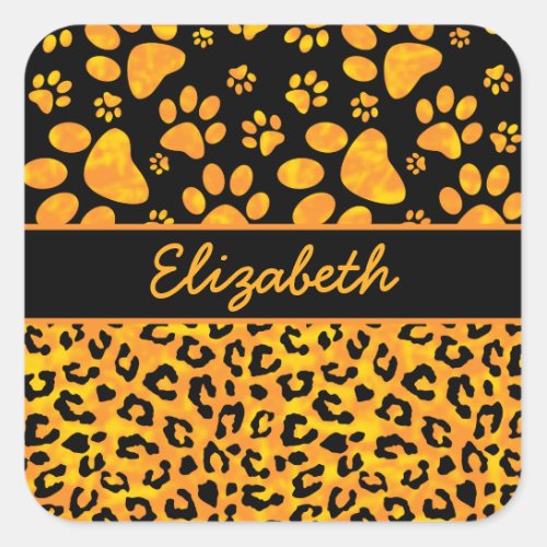 Leopard Print and Paws Orange Yellow Personalized Square Sticker