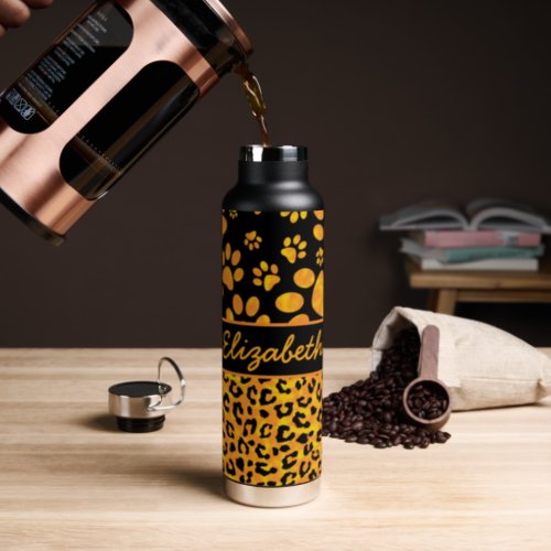 Leopard Print and Paws Orange Yellow Personalized Water Bottle