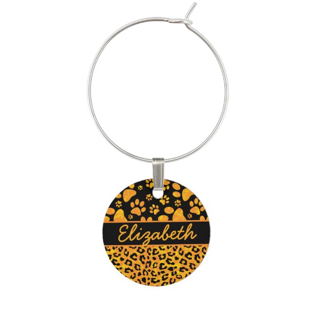 Leopard Print and Paws Orange Yellow Personalized Wine Glass Charm (Front)