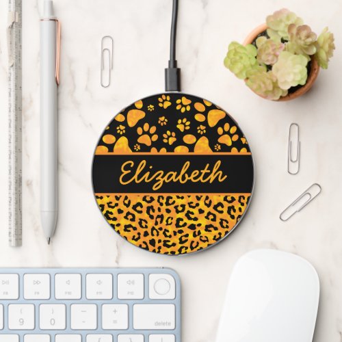 Leopard Print and Paws Orange Yellow Personalized Wireless Charger