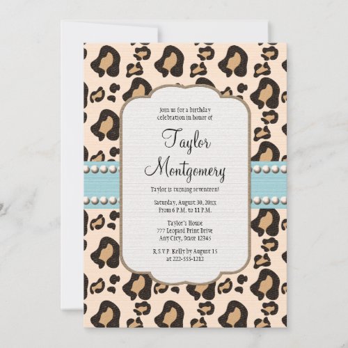 Leopard Print and Pearl Birthday Invitation Blue