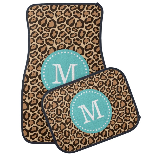 Leopard Print and Turquoise Custom Monogram Car Floor Mat (Set)