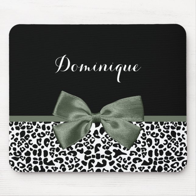 Leopard Print Animal Pattern Dark Green Bow Mouse Pad (Front)