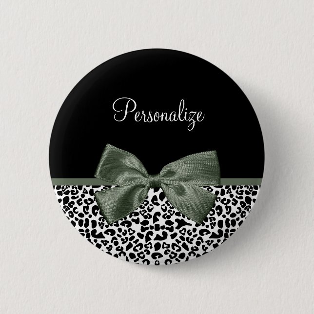 Leopard Print Animal Pattern Dark Green Bow Pinback Button (Front)