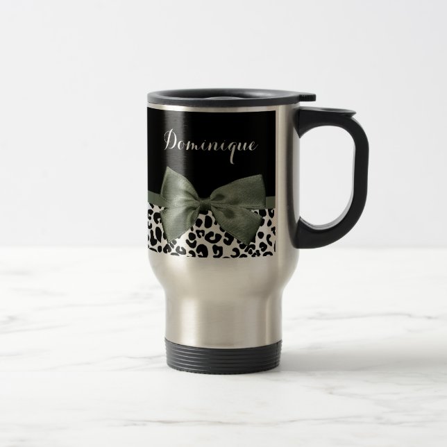 Leopard Print Animal Pattern Dark Green Bow Travel Mug (Right)