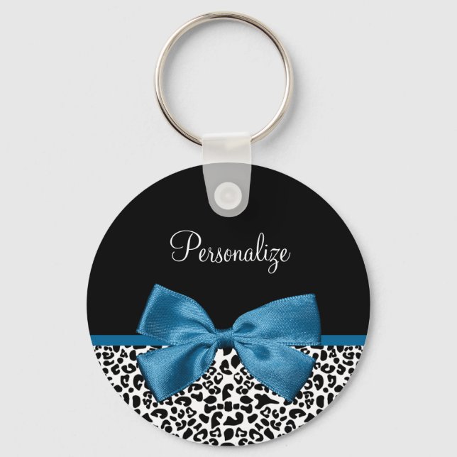 Leopard Print Animal Pattern Pretty Blue Bow Keychain (Front)