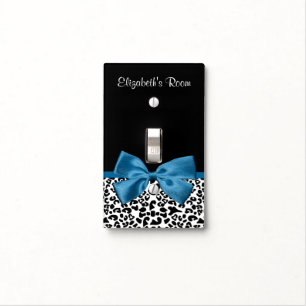 Leopard Print Animal Pattern Pretty Blue Bow Light Switch Cover