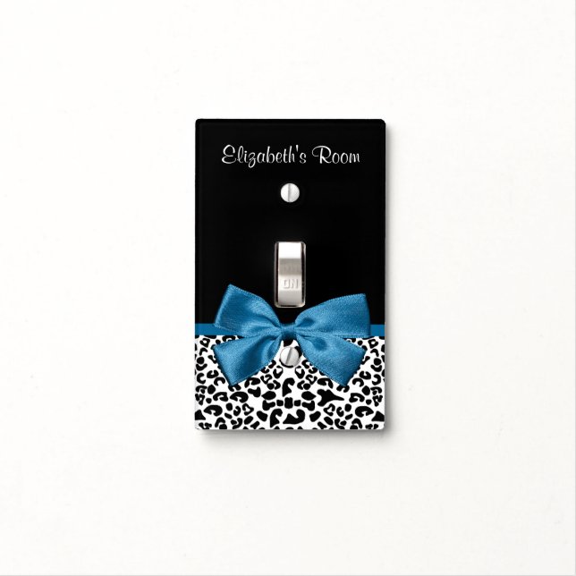 Leopard Print Animal Pattern Pretty Blue Bow Light Switch Cover (In Situ)