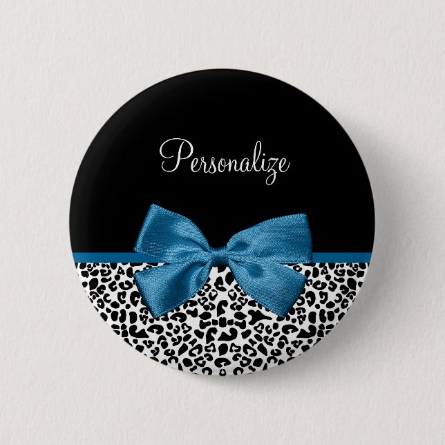 Leopard Print Animal Pattern Pretty Blue Bow Pinback Button (Front)