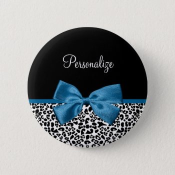 Leopard Print Animal Pattern Pretty Blue Bow Pinback Button by ohsogirly at Zazzle