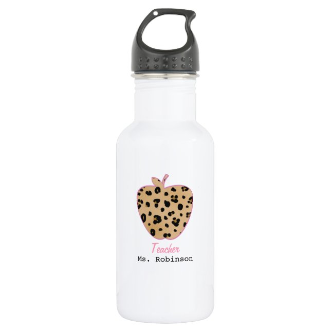 Leopard Print Apple Teacher Water Bottle (Front)