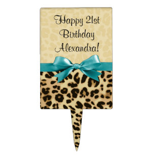Leopard Print Aqua Blue Bow Girls Womens Birthday Cake Topper