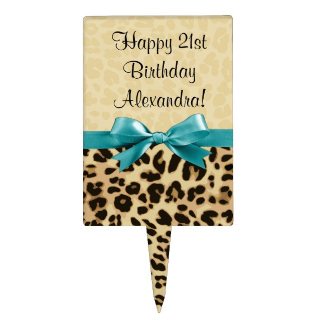 Leopard Print Aqua Blue Bow Girls Womens Birthday Cake Topper (Front)
