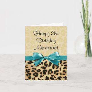 Leopard Print Aqua Blue Bow Girls Womens Birthday Card