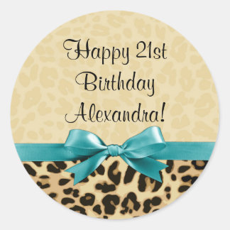Leopard Print Aqua Blue Bow Girls Womens Birthday Classic Round Sticker