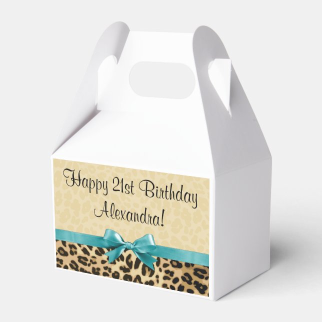 Leopard Print Aqua Blue Bow Girls Womens Birthday Favor Boxes (Front Side)
