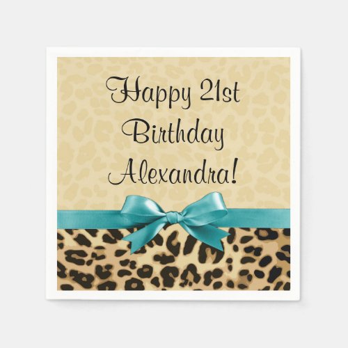 Leopard Print Aqua Blue Bow Girls Womens Birthday Napkins