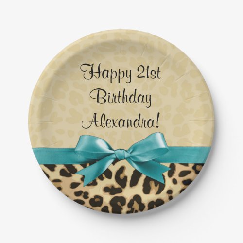 Leopard Print Aqua Blue Bow Girls Womens Birthday Paper Plates