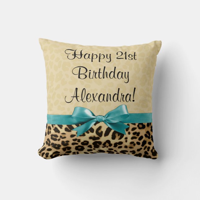 Leopard Print Aqua Blue Bow Girls Womens Birthday Throw Pillow (Front)