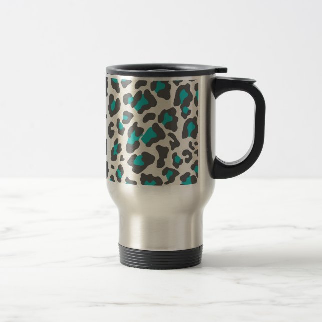 Leopard Print Aqua, Gray, White Travel Mug (Right)