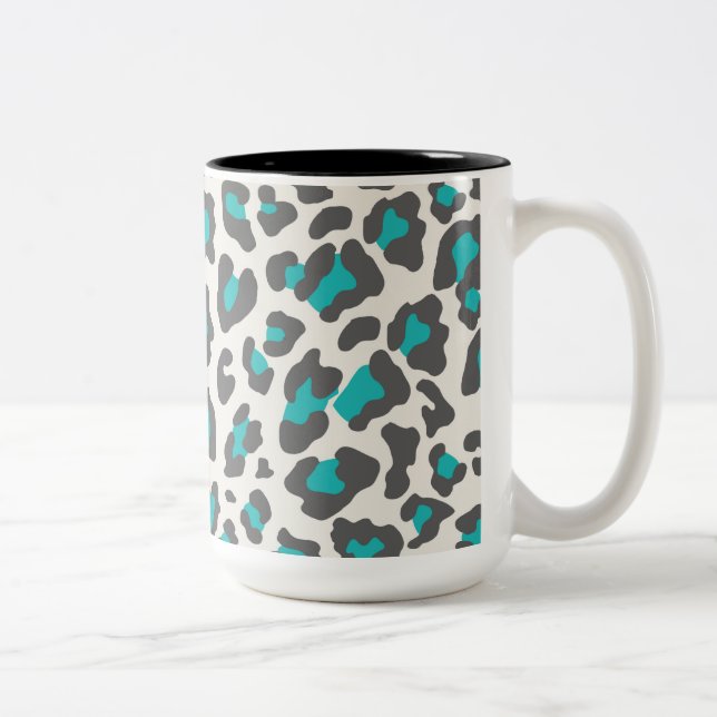Leopard Print Aqua, Gray, White Two-Tone Coffee Mug (Right)