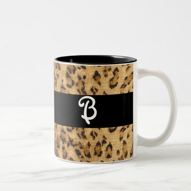 Leopard Print B monogram initials merchandise Two-Tone Coffee Mug (Right)