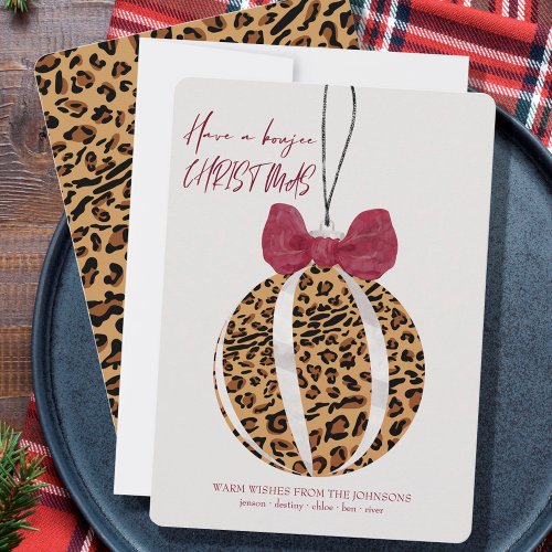 Leopard Print Bauble Burgundy Bow Boujee Christmas Holiday Card