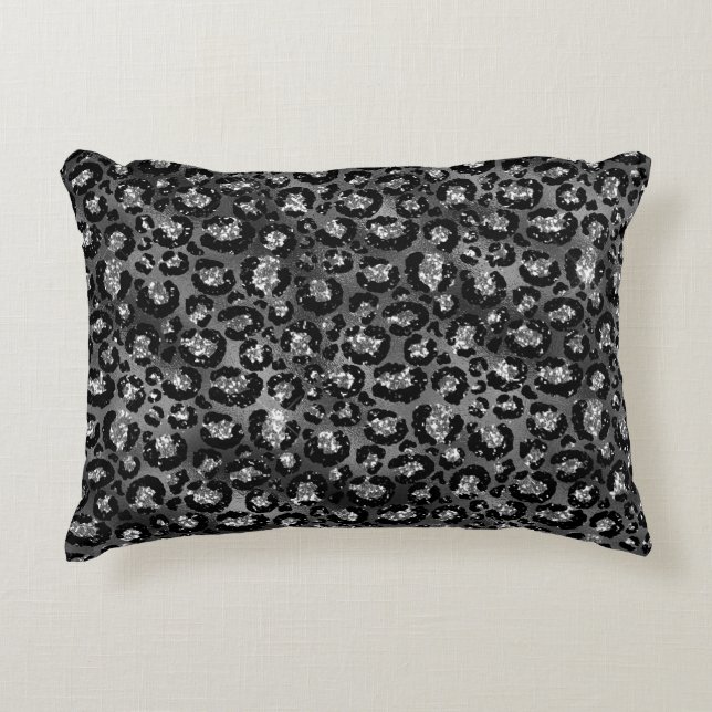 Leopard Print Black and Silver Gray Accent Pillow (Front)