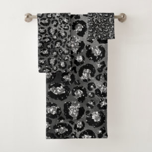 Leopard Print Black and Silver Gray Bath Towel Set