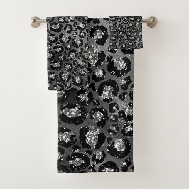 Leopard Print Black and Silver Gray Bath Towel Set (Insitu)