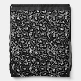 Leopard Print Black and Silver Gray Drawstring Bag
