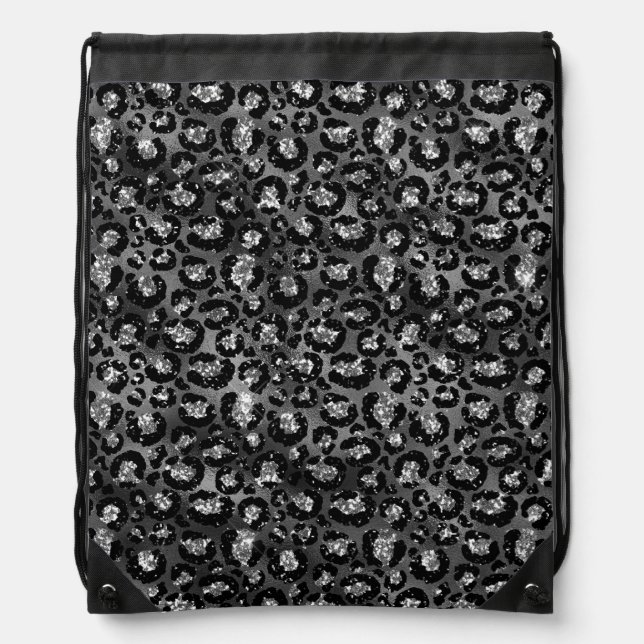 Leopard Print Black and Silver Gray Drawstring Bag (Front)