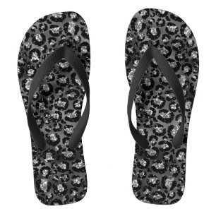 Leopard Print Black and Silver Gray Flip Flops