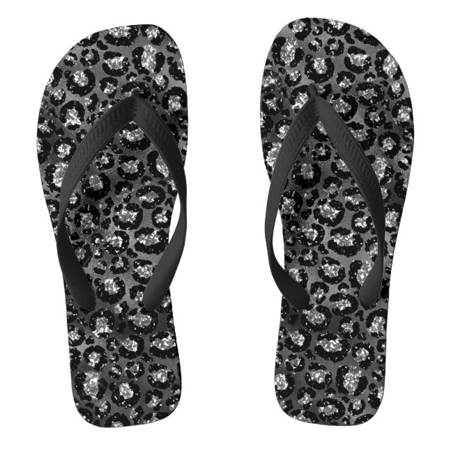 Leopard Print Black and Silver Gray Flip Flops (Footbed)