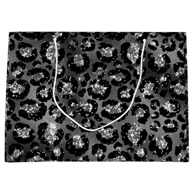 Leopard Print Black and Silver Gray Large Gift Bag (Front)