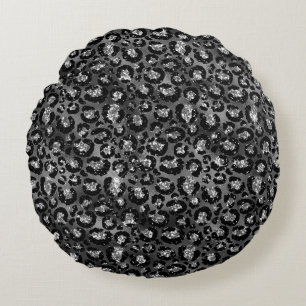 Leopard Print Black and Silver Gray Round Pillow