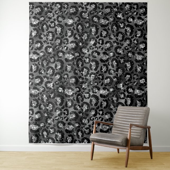 Leopard Print Black and Silver Gray Tapestry (In Situ)