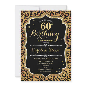 Leopard Print Black Gold 60th Birthday Invitation