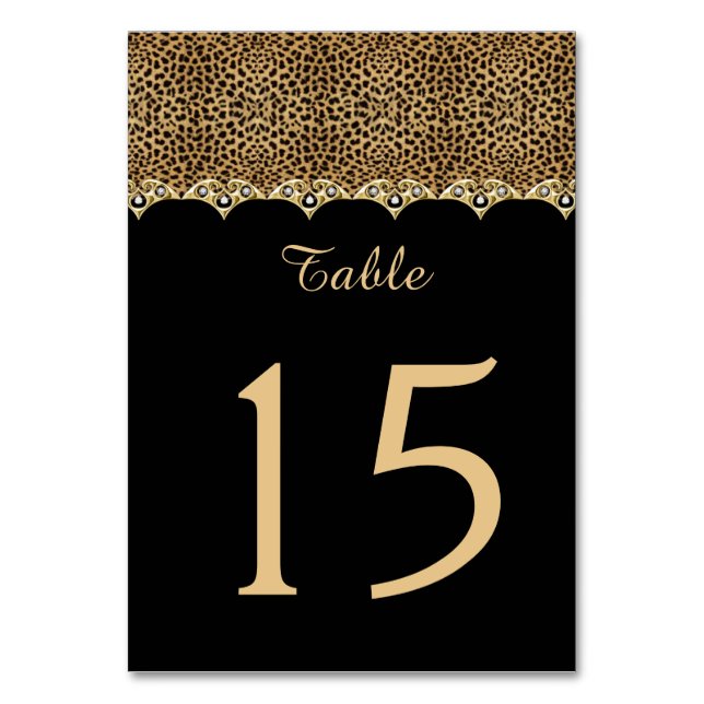Leopard Print Black Gold and Diamonds Table Cards (Front)